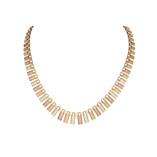 188 - A 9CT GOLD THREE COLOUR FRINGE NECKLACE, 19 g