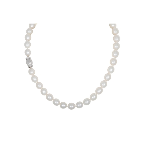 212 - A CULTURED PEARL NECKLACE, cream tones, to in a white gold & diamond clasp. Estimated: weight of dia... 