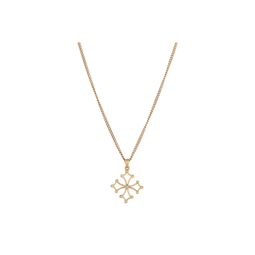 216 - AN 18CT YELLOW GOLD EGYPTIAN COPTIC CHRISTIAN CROSS, on a 9ct yellow gold chain, gross weight 9.8 g.