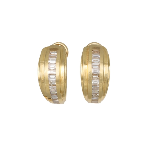 283 - A PAIR OF DIAMOND HOOP EARRINGS, the baguette diamonds channel set in 14ct yellow gold. Estimated: w... 