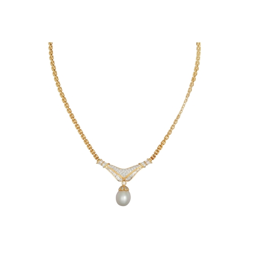 285 - A PEARL AND DIAMOND PENDANT, the shaped panel set with pavé and baguette diamonds susepnding a pearl... 