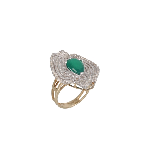 31 - A DIAMOND AND CHRYSOPRASE RING, the large pear shaped chrysoprase to baguette and round brilliant cu... 