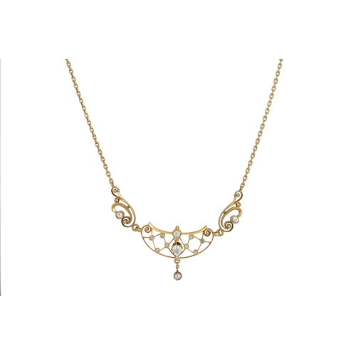 310 - AN ANTIQUE DIAMOND NECKLACE, the openwork panel set with old cut diamonds, diamond drop, mounted in ... 