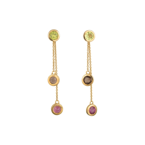 311 - A PAIR OF TOURMALINE AND PERIDOT EARRINGS, with detachable drops, in 14ct yellow gold