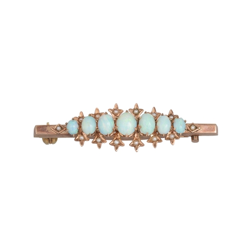 315 - AN ANTIQUE OPAL BAR BROOCH, the graduated cabochon opals mounted in gold