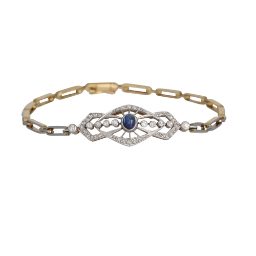 317 - A VINTAGE DIAMOND AND SAPPHIRE BRACELET, the central openwork shaped plaque to 18ct gold link bracel... 