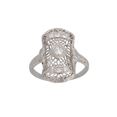 318 - A VINTAGE DIAMOND RING, the openwork plaque set with old and rose cut diamonds in 18ct white gold. E... 