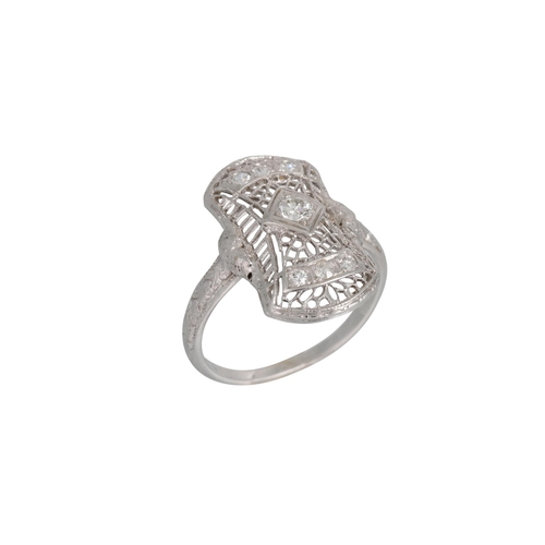 318 - A VINTAGE DIAMOND RING, the openwork plaque set with old and rose cut diamonds in 18ct white gold. E... 