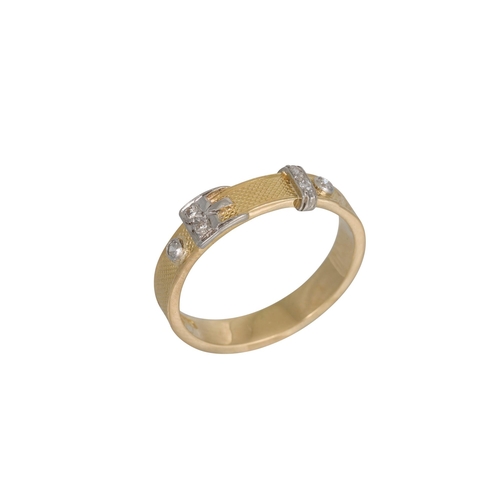 320 - A VINTAGE DIAMOND SET RING MODELLED AS A BELT, in 18ct gold and platinum, textured decoration, size ... 