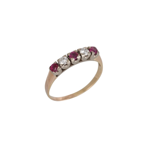 325 - A RUBY AND DIAMOND FIVE STONE RING, the circular stones mounted in 14ct gold. Estimated: weight of d... 