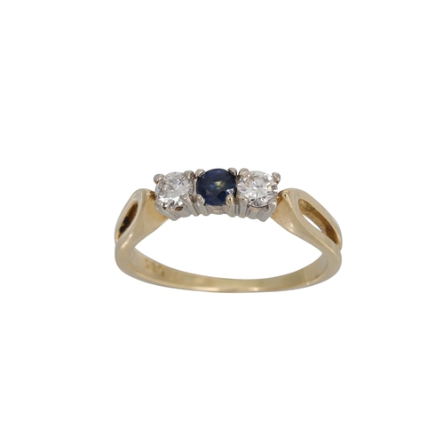 327 - A THREE STONE SAPPHIRE AND DIAMOND RING, the circular stones mounted in 14ct white gold. Estimated: ... 