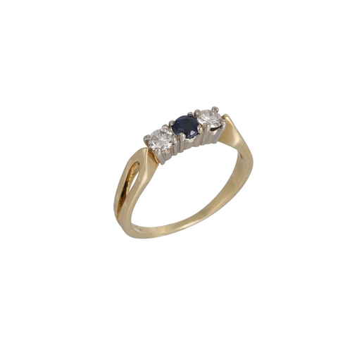 327 - A THREE STONE SAPPHIRE AND DIAMOND RING, the circular stones mounted in 14ct white gold. Estimated: ... 