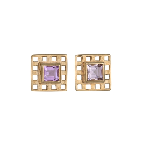 33 - A PAIR OF AMETHYST SET EARRINGS, the princess cut amethyst to 9ct yellow gold square form