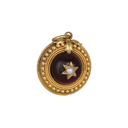 332 - AN ANTIQUE GARNET AND PEARL PENDANT, of circular form, star motif, glazed locket back