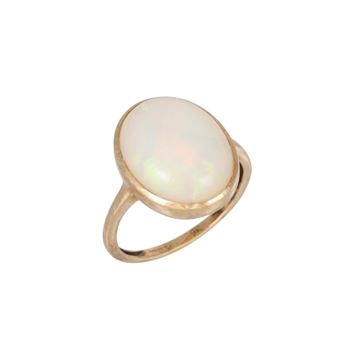 349 - AN OPAL CABOCHON RING, the oval stone mounted in 9ct gold, size N