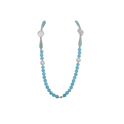 364 - AN AQUAMARINE, CHALCEDONY AND MOTHER OF PEARL BEADED NECKLACE, 18ct white gold clasp and beads