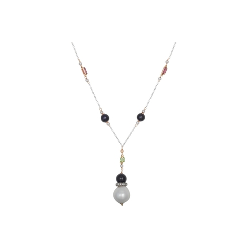 366 - A SOUTH SEA PEARL. SAPPHIRE AND DIAMOND PENDANT, suspended from an 18ct white gold chain, with sapph... 