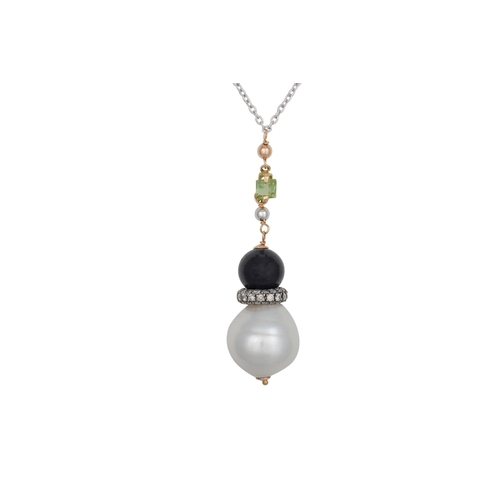 366 - A SOUTH SEA PEARL. SAPPHIRE AND DIAMOND PENDANT, suspended from an 18ct white gold chain, with sapph... 