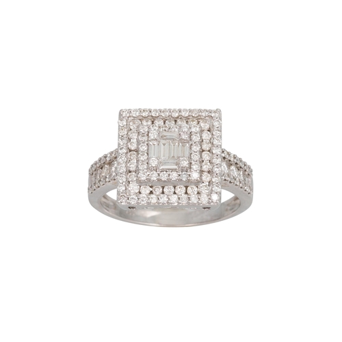 373 - A DIAMOND CLUSTER RING, set with baguette and brilliant cut diamonds, in 18ct white gold, with diamo... 