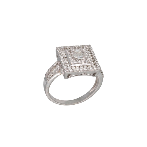 373 - A DIAMOND CLUSTER RING, set with baguette and brilliant cut diamonds, in 18ct white gold, with diamo... 