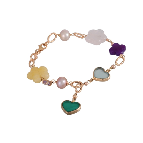 376 - A MULTI-GEMSET BRACELET, set with chalcedony, pearl, amethyst, etc in yellow gold