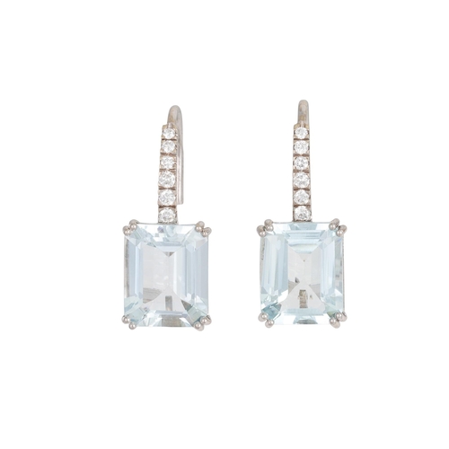 382 - A PAIR OF DIAMOND AND AQUAMARINE EARRINGS, the trap cut aquamarines to diamond set 18ct hoops. Estim... 