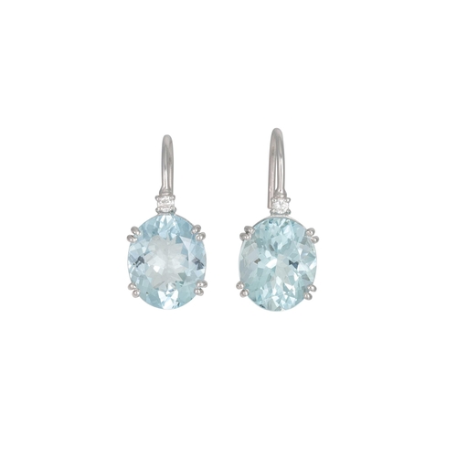 385 - A PAIR OF AQUAMARINE AND DIAMOND EARRINGS, the oval aquamarines to brilliant cut diamonds in 18ct wh... 