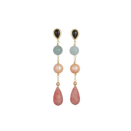 386 - A PAIR OF DROP EARRINGS, set with aquamarine, pearl, onyx, and sherry quartz, in yellow gold