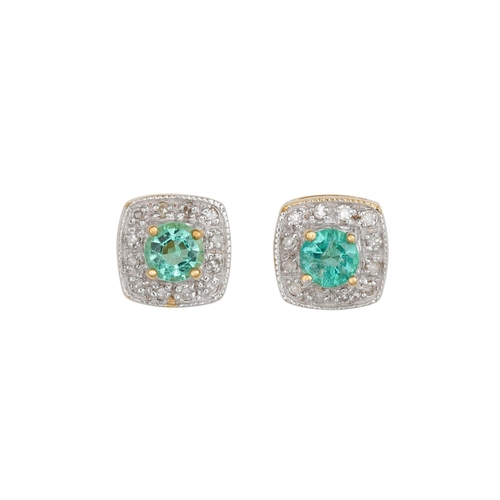 39 - A PAIR OF DIAMOND AND EMERALD CLUSTER EARRINGS, of square form, mounted in white gold