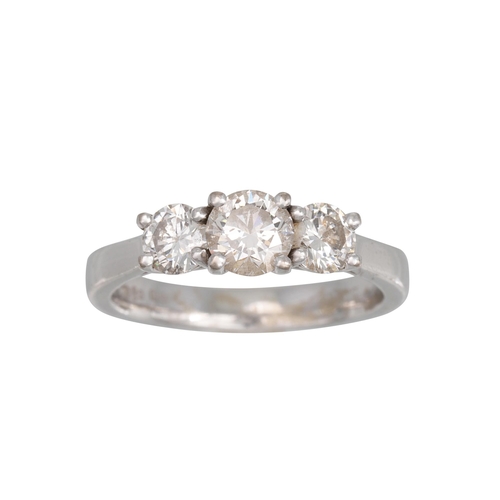 391 - A THREE STONE DIAMOND RING, the brilliant cut diamonds mounted in 18ct white gold. Together with a H... 