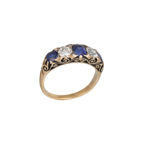 392 - A SAPPHIRE AND DIAMOND FIVE STONE RING, the old cut diamond mounted in yellow gold. Estimated: weigh... 