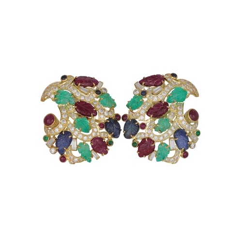 393 - A PAIR OF RUBY, EMERALD, SAPPHIRE AND DIAMOND EARRINGS, of naturalistic form, carved stones. Estimat... 