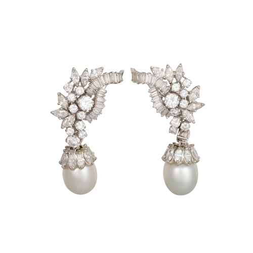 407 - A PAIR OF PEARL AND DIAMOND EARRINGS, the baguette, brilliant, and marquise clusters suspending larg... 