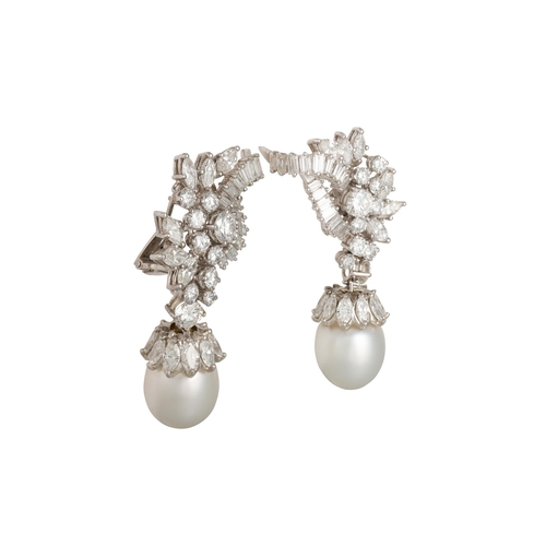 407 - A PAIR OF PEARL AND DIAMOND EARRINGS, the baguette, brilliant, and marquise clusters suspending larg... 