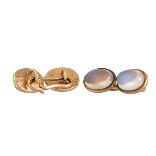 413 - A PAIR OF VINTAGE MOONSTONE SET CUFFLINKS, in yellow gold