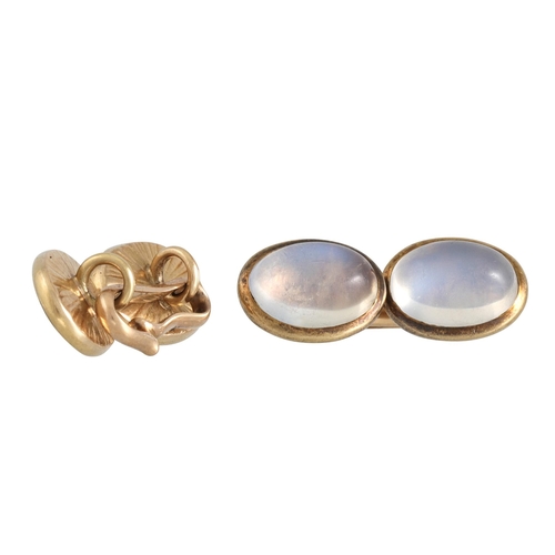 413 - A PAIR OF VINTAGE MOONSTONE SET CUFFLINKS, in yellow gold