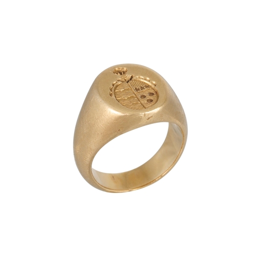 419 - AN ANTIQUE MAUBOUSSIN GOLD SIGNET RING, with crest, signed 'Mauboussin, Paris', 11.8 g. Size: F