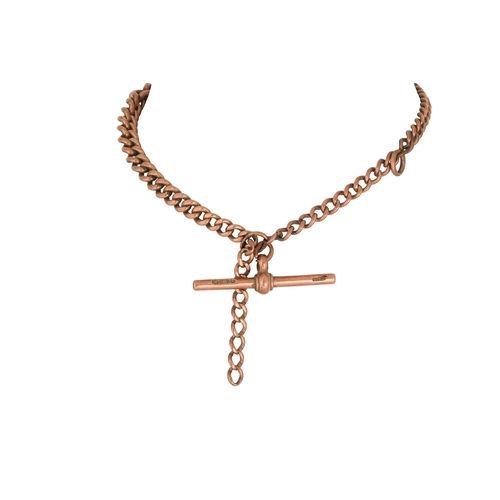 423 - A 9CT GOLD ANTIQUE ROSE GOLD GRADUATED ALBERT CHAIN, with t - bar, missing clasp, 19.08 g.