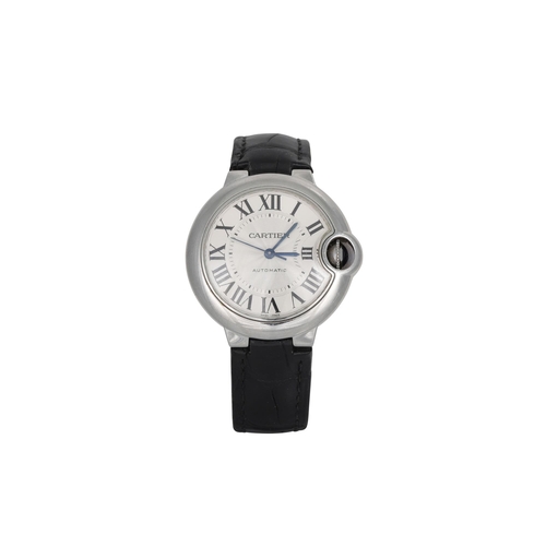 433 - A STAINLESS STEEL CARTIER BALLON BLEU WRISTWATCH, black leather strap