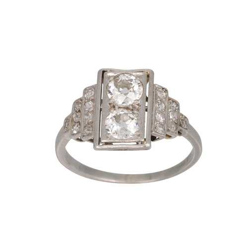 441 - AN ART DECO TWO STONE DIAMOND RING, stepped shoulders mounted in platinum. Estimated: weight of diam... 