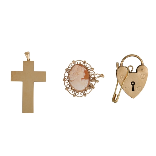 457 - AN 18CT GOLD CROSS, (9.1g) together with a 9ct gold padlcock (3.1g) and a gold framed cameo brooch