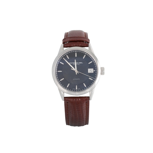 467 - A RAYMOND WEIL AUTOMATIC EXHIBITION WRIST WATCH, black face, brown leather strap, date