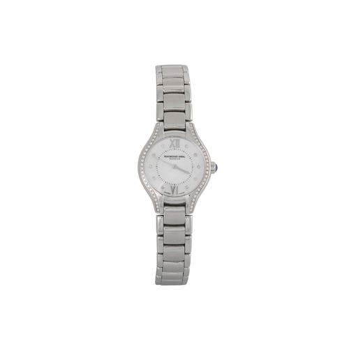 469 - A LADY'S RAYMOND WEIL WRIST WATCH, mother of pearl face, diamond dial, stainless steel strap, box