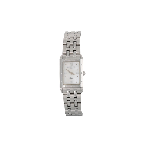 471 - A LADY'S RAYMOND WEIL WRIST WATCH, mother-of-pearl face, stainless steel strap