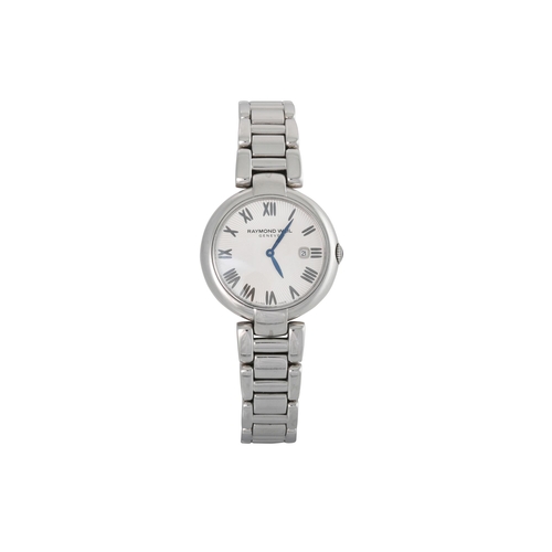 474 - A LADY'S RAYMOND WEIL WRIST WATCH, white face, stainless steel strap, date, boxed, spare link