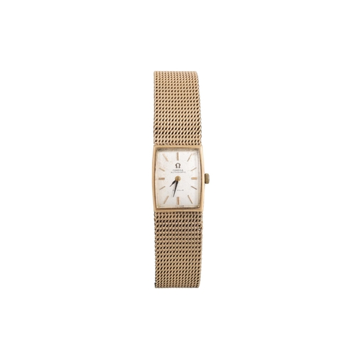 482 - A VINTAGE 9CT GOLD LADY'S OMEGA WRISTWATCH, 'DeVille', baton markers, woven mesh link bracelet strap... 