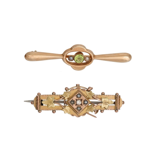 5 - TWO VINTAGE 9CT GOLD BROOCHES, one diamond and seed pearl set and the other with citrine, 5 g.