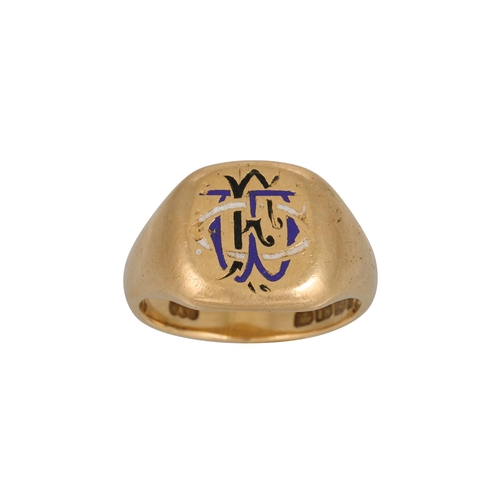 529 - AN 18CT GOLD VINTAGE GENT'S SIGNET RING, engraved enamel initials, 13 g. size M