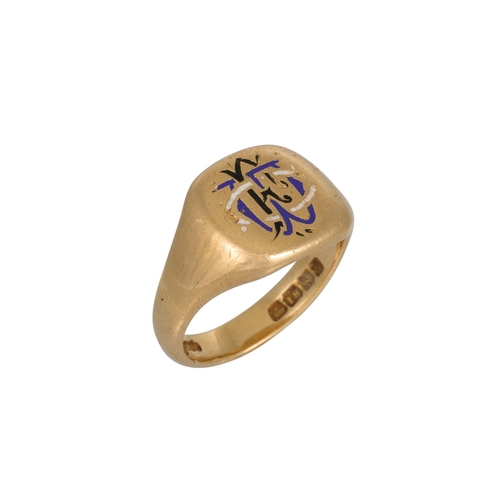 529 - AN 18CT GOLD VINTAGE GENT'S SIGNET RING, engraved enamel initials, 13 g. size M