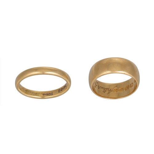 531 - TWO 18CT YELLOW GOLD BAND RINGS, size N & K – L, gross weight 11 g.